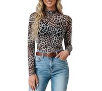 BemorRun Floral Mesh Long Sleeve Tops for Women Mock Neck See Through Fitted Sexy Going Out Top, Dark Brown, M