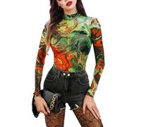 BemorRun Floral Mesh Long Sleeve Tops for Women Mock Neck See Through Fitted Sexy Going Out Top, Orange, S