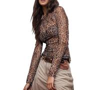BemorRun Floral Mesh Top for Women Crew Neck Long Sleeve See Through Tee Shirts Fitted Sexy Going Out Tops, Brown Leopard Pattern, XL