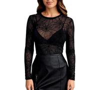 BemorRun Floral Mesh Top for Women Crew Neck Long Sleeve See Through Tee Shirts Fitted Sexy Going Out Tops, Black Spider Web, S
