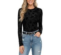 BemorRun Floral Mesh Top for Women Crew Neck Long Sleeve See Through Tee Shirts Fitted Sexy Going Out Tops, Black Floral, S
