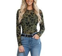 BemorRun - Floral Mesh Top for Women Round Neck Long Sleeve See Through Slim Fit Sexy Going Out, Military green, G