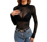 BemorRun Women Mesh Top Floral Mesh Long Sleeve Tops Mock Neck See Through Tops Fitted Sexy Going Out Tops, Black Spider Web, M