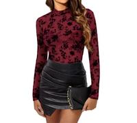 BemorRun Women Mesh Top Floral Mesh Long Sleeve Tops Mock Neck See Through Tops Fitted Sexy Going Out Tops