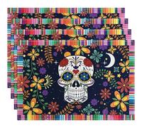 Bemvp 4pc Day of the Dead Skull Placemats Table Decor Mexico Meal Mat Colorful Flowers Dia De Los Muertos Table Mats Fiesta Party Decor