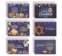 Bemvp 6pcs Happy Hanukkah Greeting Cards with Envelopes Set, Elegant Blue Menorah, Dreidel and Silver Coins Design for Religious Jewish