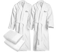 BEN KAUFMAN SALES CO Custom 4pc 100% Cotton Velour Personalized His and Hers Robes For Couples With Matching Towels 30" x 58", White Robes/White Towels - His/Hers, One size