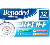 Benadryl Allergy Relief Capsules (1 x 12 Capsules), Antihistamine Tablets with Acrivastine, Allergy Relief from Hay Fever Symptoms, Suitable for Pet, Dust, and Skin Allergies
