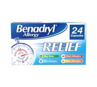 Benadryl Allergy Relief Capsules (1 x 24), Antihistamine Capsules with Acrivastine, Hayfever Tablets for Relief, Suitable for Pet, Dust, and Skin Allergies