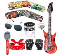 Benaewa 10 Pcs Rockstar Fancy Dress Kids, Heavy Metal Rock Star Costume Set for Women Men Halloween 80s Disco Party