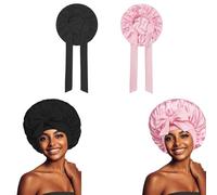Benaewa 2 Pack Silk Bonnet, Satin Bonnet for Sleeping, Shower Caps with Long Tie for Women(Black/Pink)