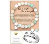 Benaewa 2 Pcs Anxiety Gift Set Include Bracelet, Just Breathe Ring with Encourage Quote Card, Adjustable Natural Stone Zebra Bracelet for Women