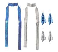 Benaewa 4 Pcs 70s Disco Accessories for Women Set, 2 Pcs Sparkle Metal Sequins Scarf, 2pcs Earrings for Theme Party, 70s 80s Disco Fancy Dress Up (Blue, Silver)