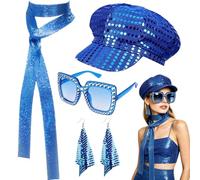 Benaewa 4 Pcs Disco Costume for Women, Disco Accessories with Sequin Hat Sunglasses Earrings Scarf for Theme Parties, Dress up
