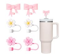 Benaewa 6 Pcs Straw Cover for Stanley 30&40 Oz Tumbler Cups, 10mm Silicone Straws Toppers, Reusable Straw Accessories with Pink Bow, Flower