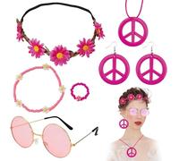 Benaewa 7 Pcs 70s Accessories for Women, 60s 70s Fancy Dress Including Flower Crown Headband, Sunglasses, Necklace, Bracelets, Earrings, Ring for Kids, Adults