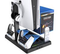 Benazcap PS5 Console Stand with Cooling Fan and PS5 Controller Charging Dock,Multifunctional Vertical Stand with Console Cooler,Controller Charging Station,With 15 Pcs Game Discs Storage,Black