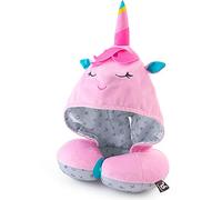 BenBat Hooded Travel Pillow Neck Support - Soft, Polyester Total Car Seat Head Support for Children 4+ with Magnetic Closure and Ponytail Hole - Machine-Washable Travel Essentials (Pink-Unicorn)