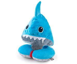 BenBat Hooded Travel Pillow Neck Support - Soft, Polyester Total Car Seat Head Support for Children 4+ with Magnetic Closure and Ponytail Hole - Machine-Washable Travel Essentials (Blue-Shark)
