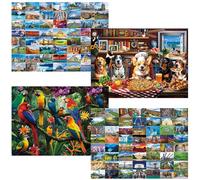 BenBen 1000 Piece Puzzle for Adults, 4 Pack Jigsaw Puzzles with Letters on Back, World Landscape, USA Landmarks, Dogs' Dinner Party, Jungle Parrots