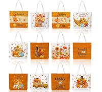 Bencailor 12 Pcs Fall Canvas Tote Bags Bulk Reusable Thanksgiving Turkey Tote Gift Bags with Handles Aesthetic Autumn Harvest Pumpkin Maple Leaf Shopping Grocery Handbags for Women Thanksgiving Gifts