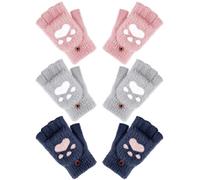 Bencailor 3 Pairs Winter Gloves Fingerless Convertible Mittens Thermal Cat Paw Rabbit Ears Gloves Windproof Warm for Women(Light Gray, Pink, Navy Blue,Paw Style)