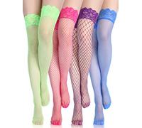 Bencailor 4 Pairs Fishnet Thigh High Stocking for Women Silicone Lace Top Sheer Over Knee Silky Stockings, Blue, Green, Pink, Purple, X-Large