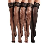 Bencailor 4 Pairs Fishnet Thigh High Stocking for Women Silicone Lace Top Sheer Over Knee Silky Stockings(Black,X Large)