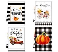 Bencailor 4 Pcs Fall Kitchen Towels Autumn Pumpkin Dish Hand Towels Thanksgiving Turkey Tea Washcloths for Fall Autumn Thanksgiving Kitchen Bathroom Decor(Black, White,Plaid)