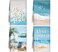 Bencailor 4 Pcs Sunflower Kitchen Towels Summer Fall Flower Floral Sea Beach Lemon Hand Dish Towels Fast Drying Decor Housewarming Gift for Cooking Kitchen Bathroom(Light Colors,Beach)