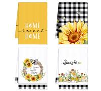 Bencailor 4 Pcs Sunflower Kitchen Towels Summer Fall Flower Floral Sea Beach Lemon Kitchen Hand Dish Towels Fast Drying Decor for Cooking(Plaid,Sunshine)