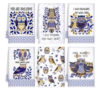 Bencailor 6 Pack Decorative Kitchen Towels Sets Hand Dish Towels Farmhouse Funny Southwest Aztec Rose Design Bathroom Tea Cloth for Home Supplies 16" x 24"(Blue White,Owl)