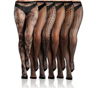 Bencailor 6 Pairs Women Fishnet Thigh High Stockings Waist Tights Striped Patterned Fish net Leggings Pantyhose for Halloween (Black,M)