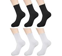 Bencailor 6 Pairs Women Ruffle Ankle Socks Turn Cuff Scalloped Socks Solid Lettuce Edge Frilly Socks School Cute Socks for Ladies Girls Trainer Dress Gifts, Black White