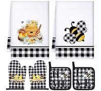 Bencailor 6 Pcs Bee Kitchen Decor Kitchen Towel Oven Mitts and Potholder Set Sunflower Bee Christmas Pot Holder Dish Towel Heat Resistant Hot Pad for Cooking (Black and White, Bee)