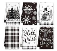 Bencailor 6 Pcs Christmas Kitchen Towels Winter Christmas Hand Dish Towels Absorbent Soft Farmhouse Dishclothes Sets 16x24inch for Housewarming Gift (Black, White,Winter Plaid)