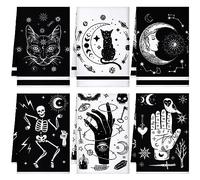 Bencailor 6 Pcs Halloween Skull Kitchen Towels Teal Turquoise Dish Hand Towels Farmhouse Cow Cat Gothic Witchy Moon Tea Washcloth for Summer Kitchen Decor 24 x 16''(Black,Moon Cat Star)