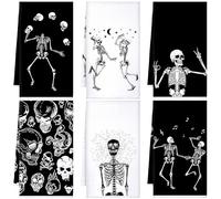 Bencailor 6 Pcs Halloween Skull Kitchen Towels Teal Turquoise Dish Hand Towels Farmhouse Cow Cat Gothic Witchy Moon Tea Washcloth for Summer Kitchen Decor 24 x 16''(Black, White,Skull)