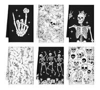 Bencailor 6 Pcs Skull Kitchen Towels Skeleton Dish Hand Towels Funny Skull Rose Tea Washcloth for Bathroom Kitchen Gothic Horror Decor Gifts 24 x 16''