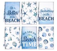 Bencailor 6 Pcs Summer Beach Kitchen Towels Coastal Ocean Dish Towels Absorbent 24 x 16 Inches Sea Shell Beach Hand Tea Towel Dish Cloths for Home Kitchen Bathroom Decor(Blue and White,Marine Life)