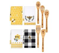 Bencailor 9 Pcs Honey Bee Kitchen Hand Towels Honeycomb Bath Tea Towels Polyester Dish Cloths Absorbent with Cute Wooden Spoons for Kitchen Bathroom Home Decor, 16 x 24 Inch(Bee)