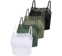 Bencailor Pack of 4 Women's Camisole Crop Tops with Lace Trim Lace Cami Tops for Girls, White, Pickle Green, Dark Green, Black, L