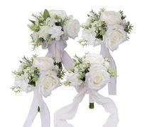 BENCENTRE 7 Inch White & Greenery Bridesmaid Bouquet for Wedding, Set of 4, Small Wedding Bouquet,for Marriage Proposal Party and Vintage Wedding Ceremony Anniversary,Artificial Flowers