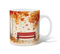 Bench Ceramic Coffee Mug, Fall Nature Leaves Birch Tree Fall Orange Novelty Hot Chocolate Mug with Handle Gift for Friendship Family Colleague Teachers Sweetheart Staff 15 Oz