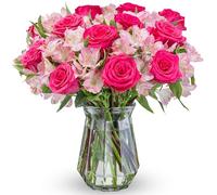 Benchmark Bouquets - Charming Roses & Alstroemeria (Glass Vase Included) - Fresh Flowers for Delivery - Gift for Graduation, Birthday, Anniversary, Sympathy, Get Well, Congratulations