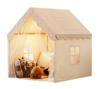 Benebomo Tent, Indoor Playhouse with Gingham Pattern, Beige and Brown, Windows and Curtains,Play Tent