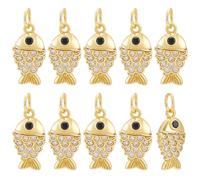 BENECREAT 10 Pack 16x8mm/0.63x0.31inch Fish Shape Pendants, Gold Plated Charms with Micro Pave Zirconia, DIY Jewelry Charms for Bracelet Necklace Making Brass Craft Supplies