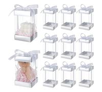 BENECREAT 10Pcs Clear Plastic Gift Box with Silver Paper Lid, Rectangle Gift Packaging Boxes with Polyester Ribbon for Birthdays, Weddings and Christmas, 8.3x8.3x14.5cm/ 3.2x3.2x5.7inch
