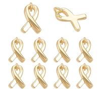 BENECREAT 10pcs Real 18K Gold Plated Awareness Ribbon Charms, Breast Cancer, Brass Hope Awareness Pendant Charms with Loop for Jewelry Making, DIY Craft Supplies, 9x5x1mm
