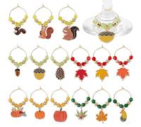 BENECREAT 15Pcs Thanksgiving Wine Glass Charms, Fall Wine Glass Identifiers with Transparent Glass Beads, Oil-Dripping Metal Markers with Pumpkin, Leaves, Squirrel, Corn and Acorn Wine Charms